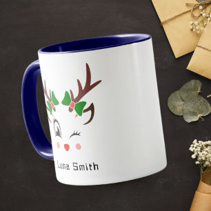 Caneca Presente de Natal Alegre Rostos de Veado Fofo Café