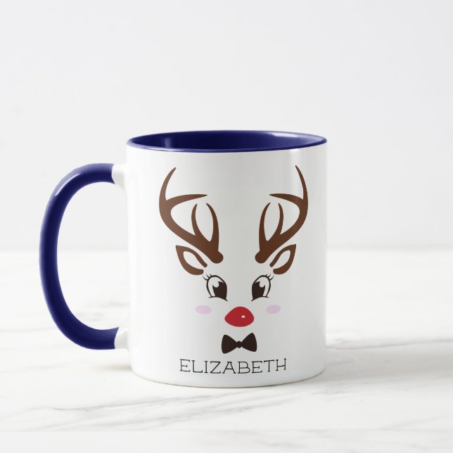 Caneca Presente de Natal Rosto de Renas Personalizado Azu (Esquerda)