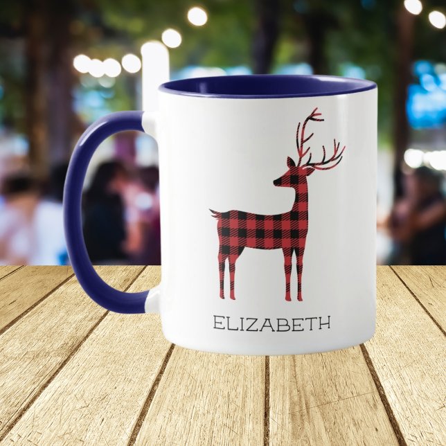 Caneca Presente de Natal Xadrez de Rena Azul Café (Criador carregado)
