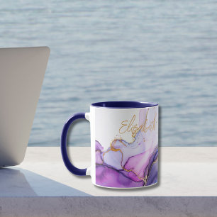 Caneca Presente de Nome Monograma Azul Dourado Roxo Aquar