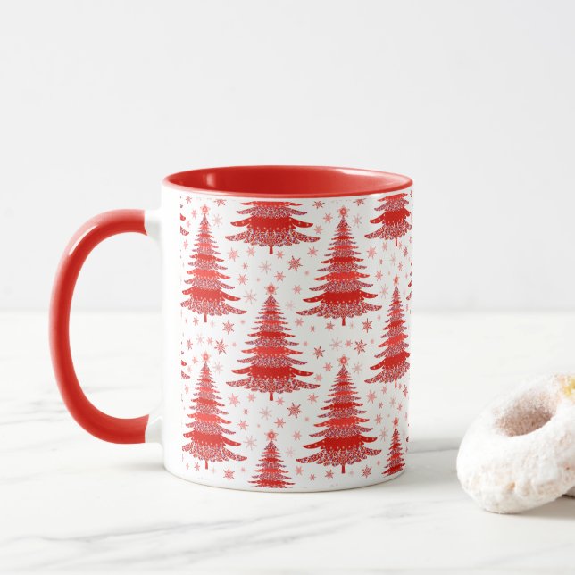 Caneca Presente de Padrão de Árvore de Natal Vermelho (Com Donut)