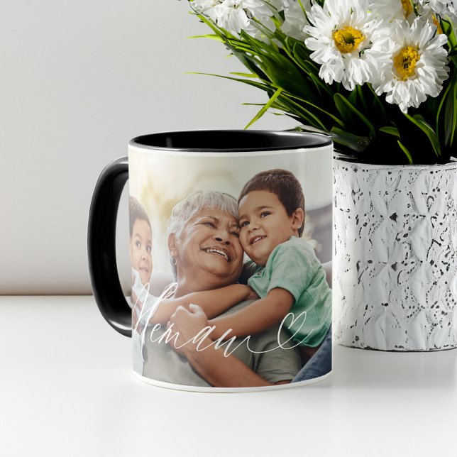 Caneca Presente Elegante e Personalizado para o Dia das M (Memaw Script Heart Grateful for Every Moment Photo Mug)