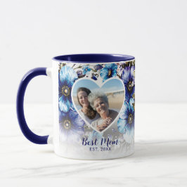 Caneca Presente no Dia da Mãe de Foto Coração Floral Azul