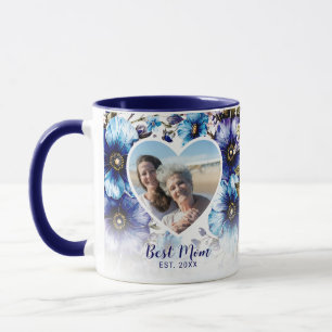 Caneca Presente no Dia da Mãe de Foto Coração Floral Azul
