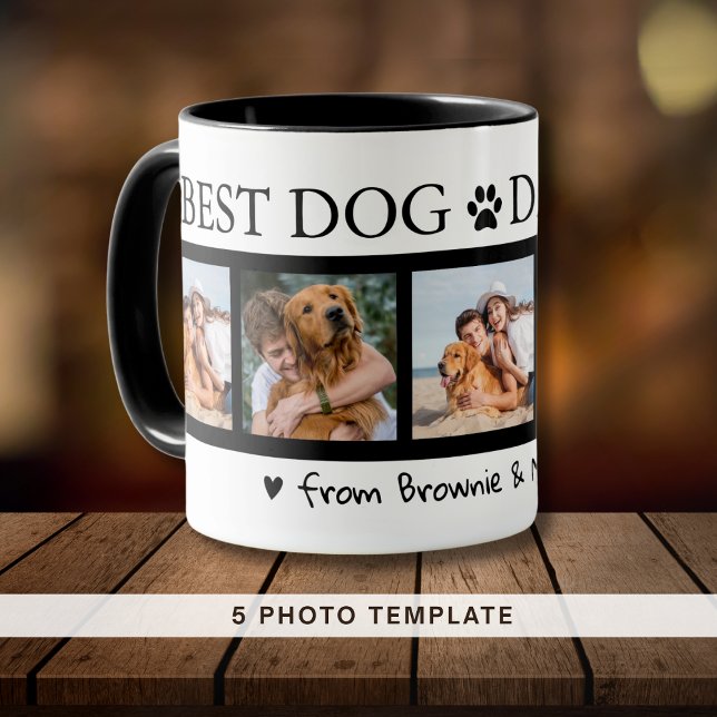 Caneca Presente personalizado de cachorro e múmia para o  (Custom Dog & Mummy Gift for Dad 5 Photo Black Mug)