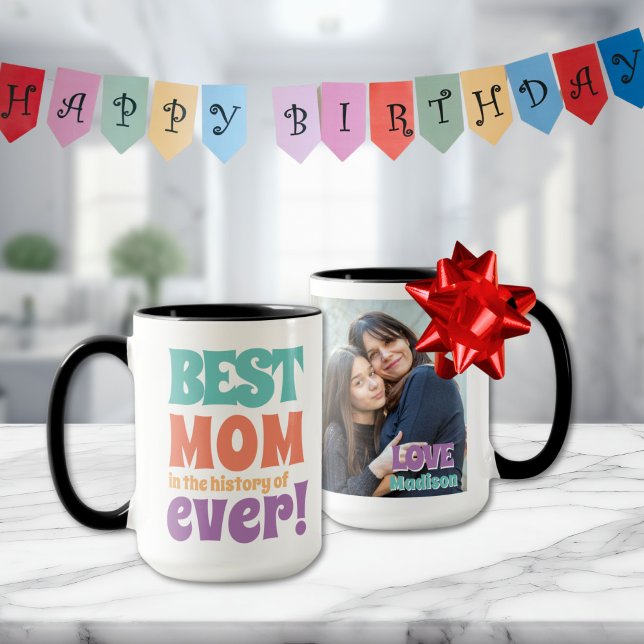 Caneca Presente Personalizado do Nome das Crianças Fotogr (best mom ever mug with photo and kids signature with fun colorful modern typography for Mother's Day)