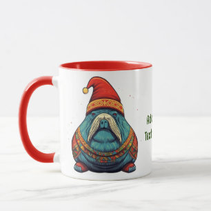 Caneca Presentes de Natal da adorável Morsa Papai Noel Pr