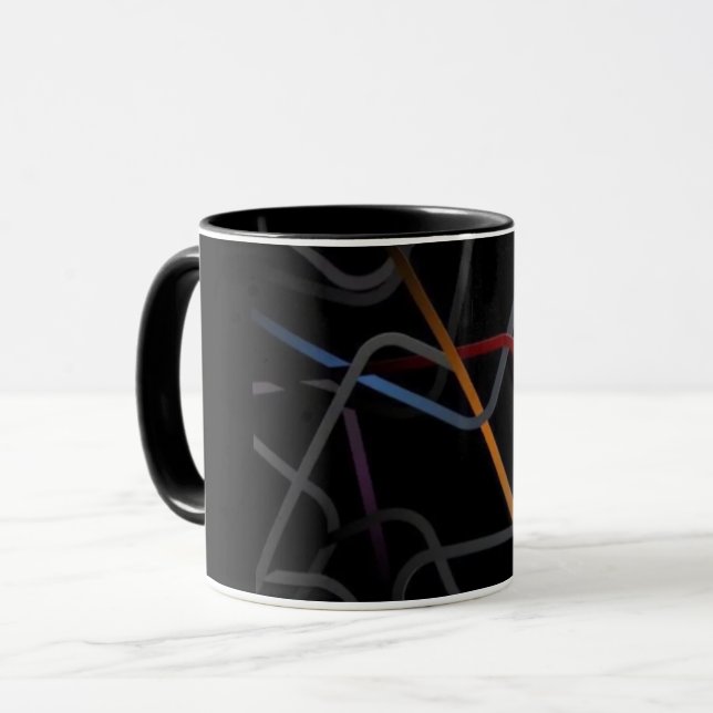 Caneca Preta de Arte Abstrata Moderna em Linhas |  (Frente Esquerda)