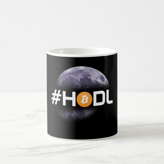 Caneca preta de Bitcoin da lua do #HODL (Centro)
