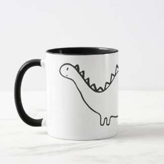 Caneca preta e branca com dinossauro.