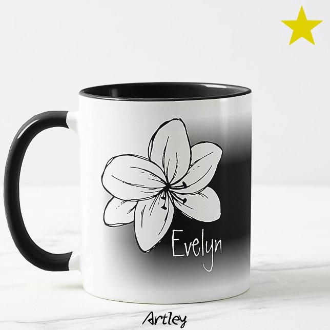 Caneca Preto Branco Flor Desenhada à Mão com Nome Persona (Criador carregado)
