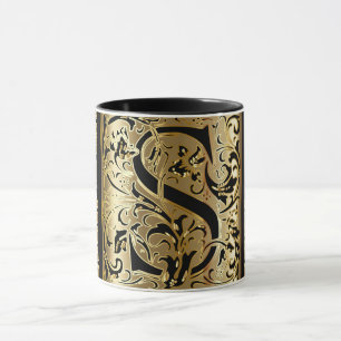 Caneca Preto Decorante e Letra Dourada S Coffee Mug