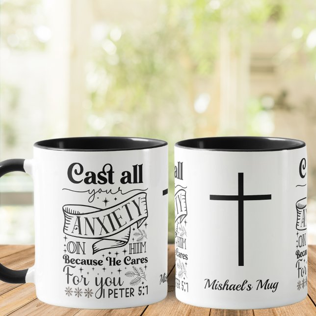 Caneca preto e branco, 1 Peter 5:7, cristão (Criador carregado)