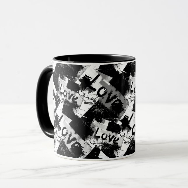 Caneca Preto e branco com padrão de amor de manchas (Frente Esquerda)