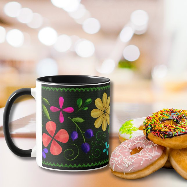 Caneca Preto Elegante | Folk Floral Latino-Americano (Criador carregado)