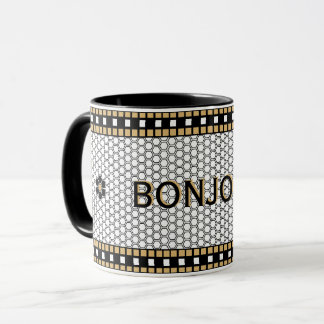 Caneca Preto-mosaico branco e Dourado com texto personali