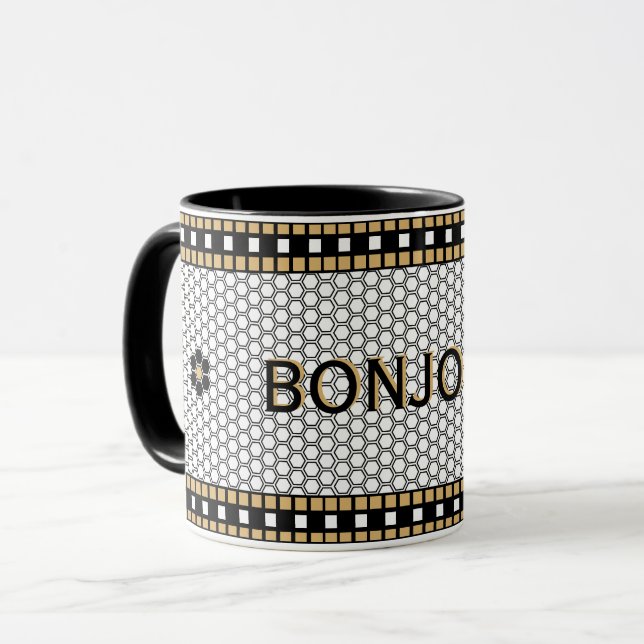 Caneca Preto-mosaico branco e Dourado com texto personali (Frente Esquerda)