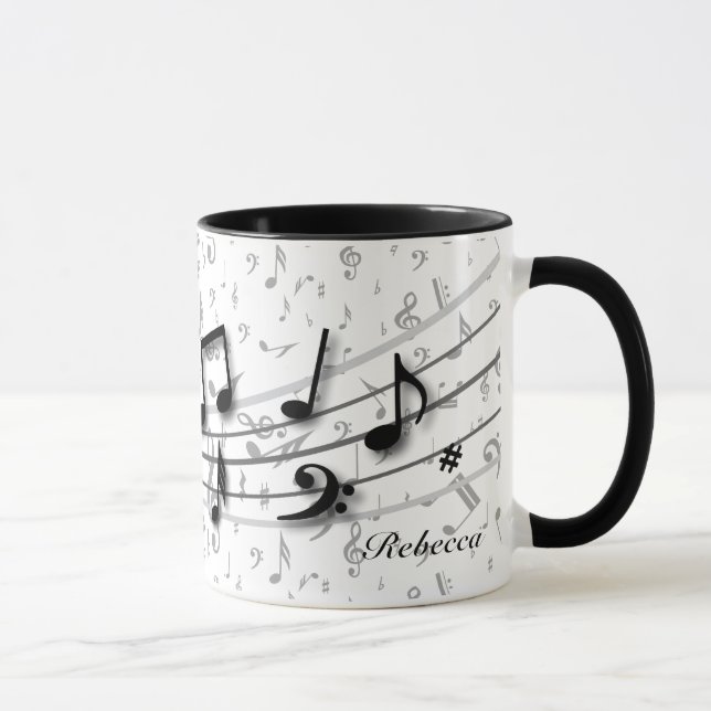 Caneca Preto personalizado e notas musicais cinzentas (Direita)