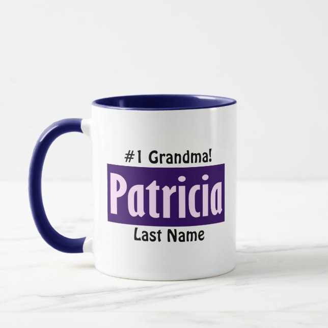 Caneca Preto Personalizado, Rosa, Nome "Patrícia" Roxo (Esquerda)