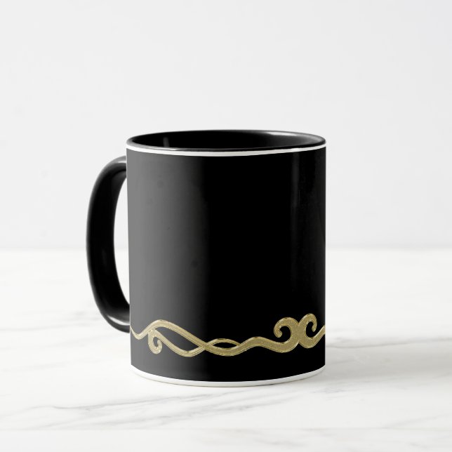 Caneca Preto-preto, simplesmente elegante floreio dourado (Frente Esquerda)