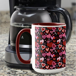 Caneca Preto Rosa Vermelho Corações Amor Padrão