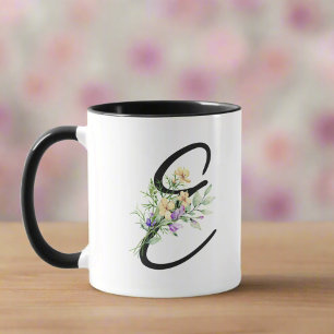 Caneca Preto Script Inicial "E" Flutuações de Aquarela Gi