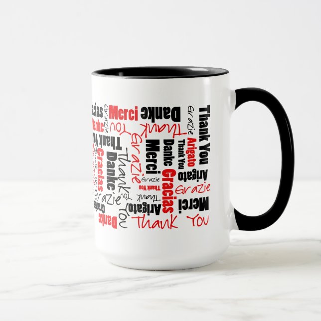 Caneca Preto Vermelho Multilíngue Obrigado Tipografia (Direita)