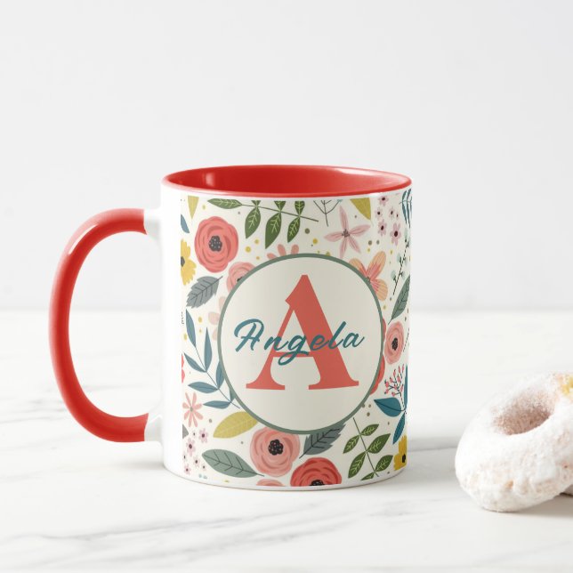 Caneca Pretty Blush Pink Floral Botanical Monogram  (Com Donut)