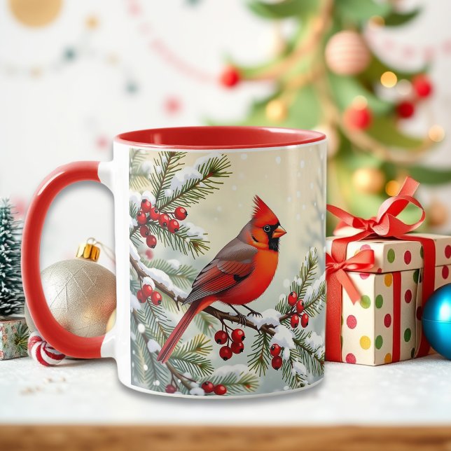 Caneca Pretty Christmas Cardinal and Pine Branches (Criador carregado)