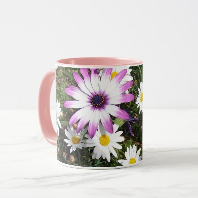 Caneca Primavera de Botânica da Flor Branca Púrpura (Frente Esquerda)