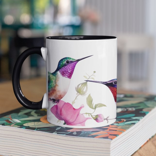 Caneca Primavera Hummingbird e Flores Brilhantes (Colorful hummingbirds with flowers on two toned mug for hummingbird lovers. )