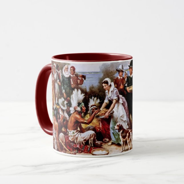 Caneca Primeira Ação de Graças 1621. Belas Artes Dão Mugs (Frente Esquerda)