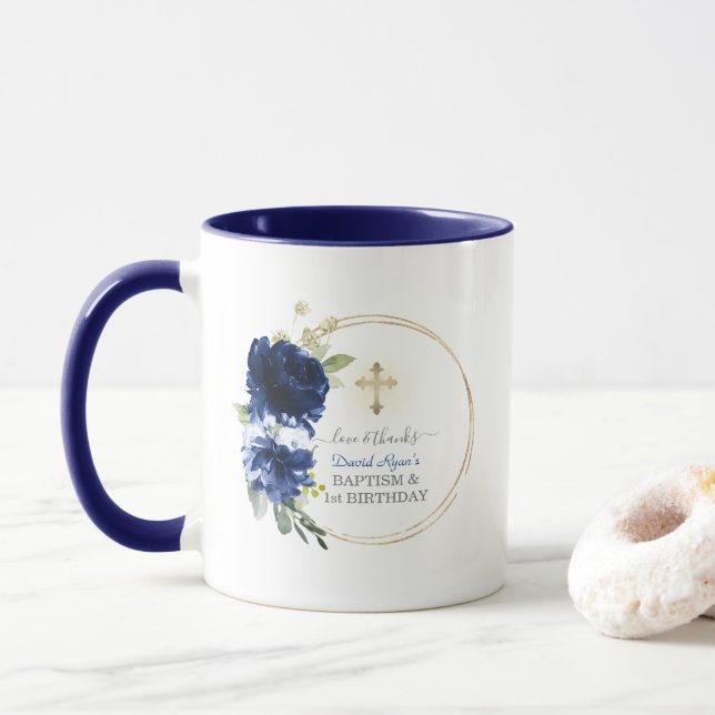 Caneca Primeiro aniversario Floral Dourado Batismo Azul (Com Donut)