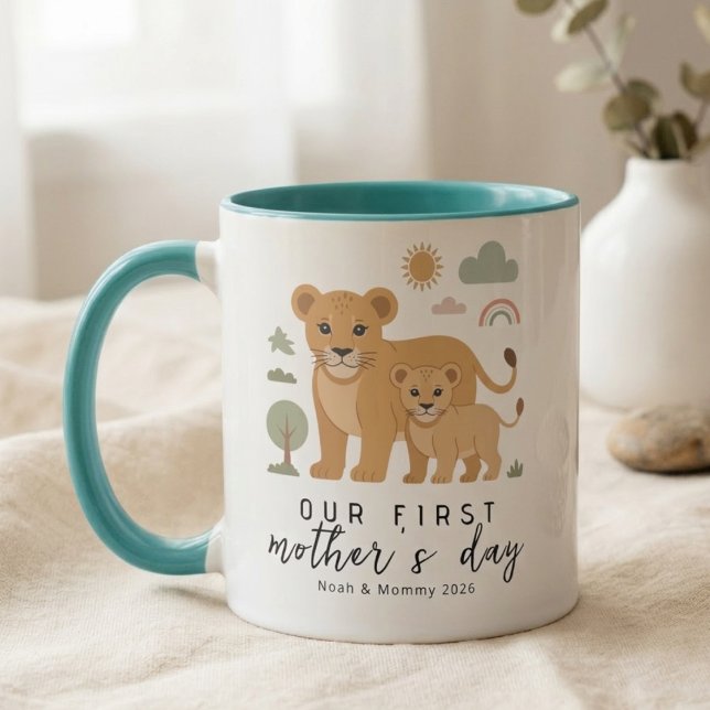Caneca Primeiro Dia das Mães Leão Mãe Bebê Neutro Suave (Criador carregado)