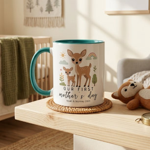 Caneca Primeiro Dia das Mães Suave e Neutro Cervo Mãe e B