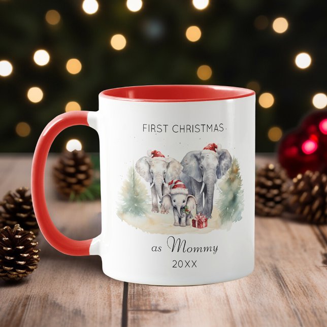 Caneca Primeiro Natal como Mãe Aquarela Elefante Bebê (Criador carregado)
