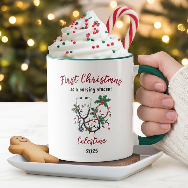 Caneca Primeiro Natal Moderno como Estudante de Enfermage (Criador carregado)