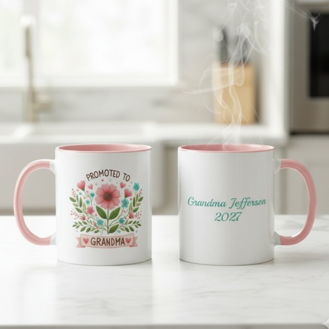 Caneca Promoted to Grandma Mug - Watercolor Flowers (Grandma to be personalized coffee mug)