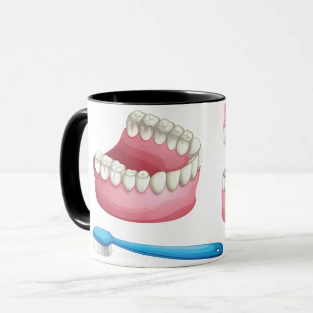 Caneca Próteses Totais e Cuidados Dentários com Escova de (Frente Esquerda)