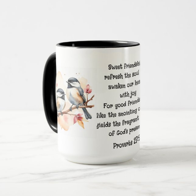 Caneca Provérbios 27:9 Bíblia de Amizade Citação de Aves (Frente Esquerda)