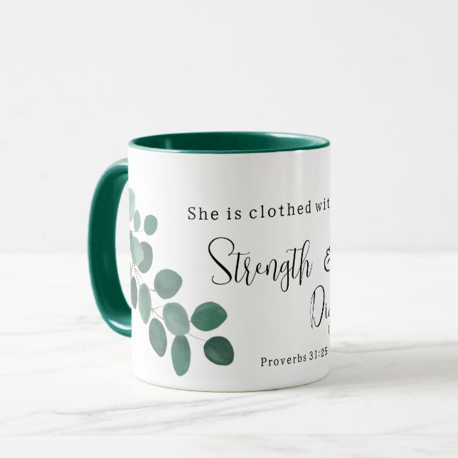 Caneca Proverbs 31:25 Escritura Inspiracional Eucalyptus (Frente Esquerda)