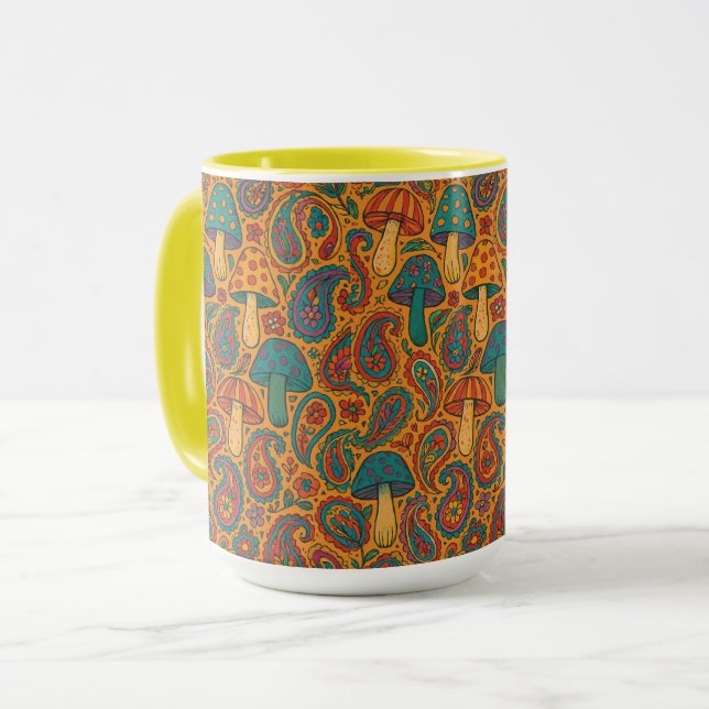 Caneca Psicodélico Retro Cogumelo e Padrão de Paisley (Frente Esquerda)