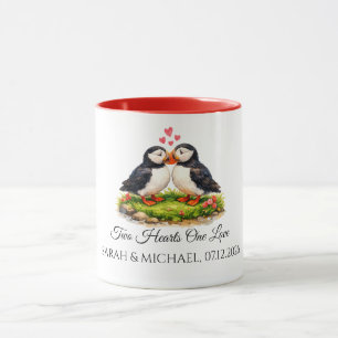 Caneca Puffins Casamento Personalizado Dois Corações Um A