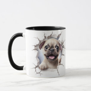 Caneca Pug 3D quebrando parede de tijolos