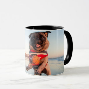 Caneca Pug Playing Ball on Beach