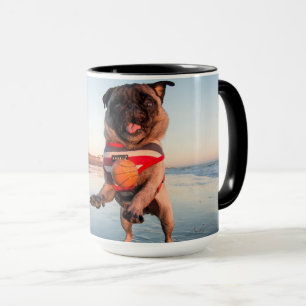 Caneca Pug Playing Ball on Beach