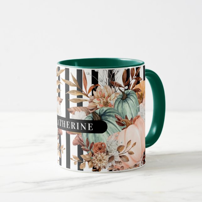 Caneca Pumpkin de outono - Listras brancas e pretas Pumpk (Frente Esquerda)