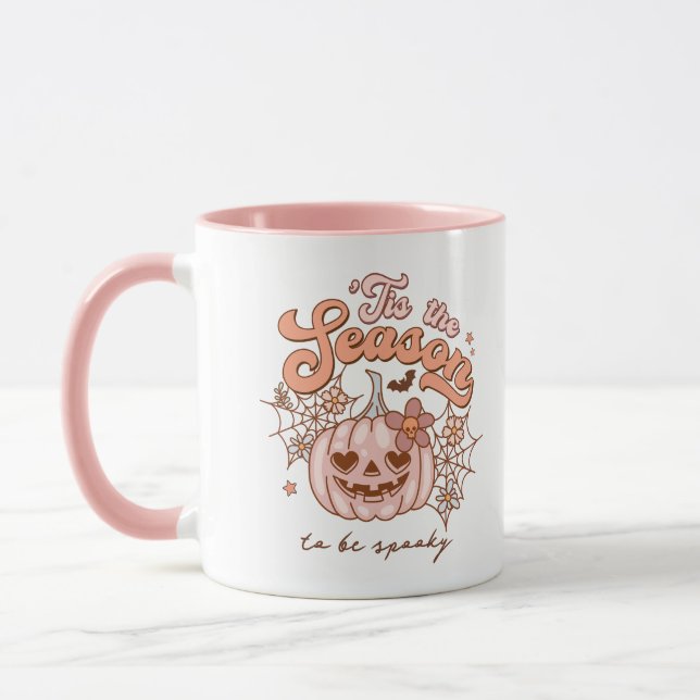 Caneca Pumpkin rosa-claro Halloween Nome Retro Mug Rosa (Esquerda)