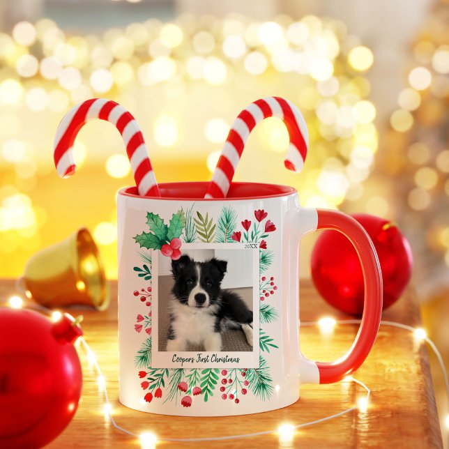 Caneca Puppy Primeiro Natal 2 Foto: Folhagem de Aquarela (Puppy's First Christmas Two Photo Mug)