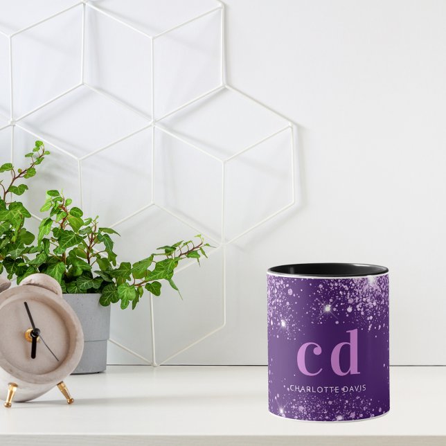 Caneca Purple glitter dust monogram name  (Criador carregado)